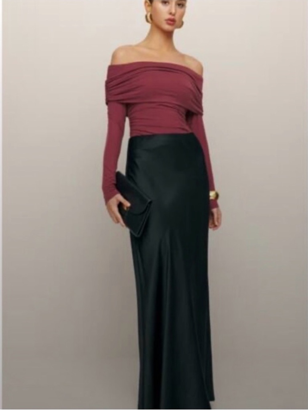 Reformation Off-Shoulder Ruched Long Sleeve Top in Burgundy - Picture 3 of 3